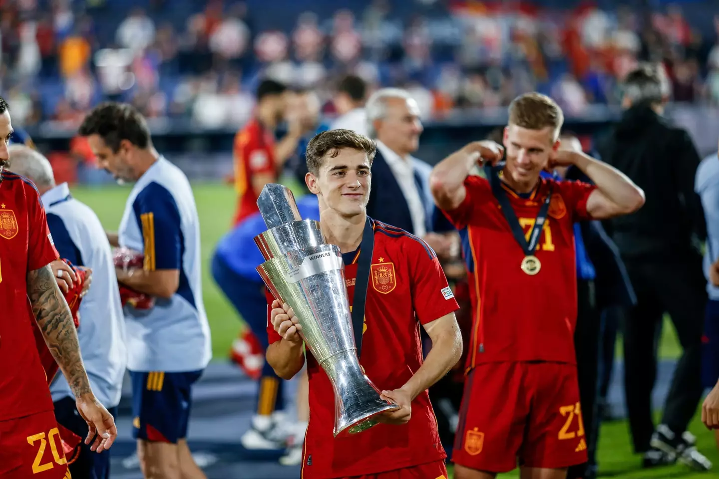 Gavi celebrates with the Nations League trophy. Image: Alamy