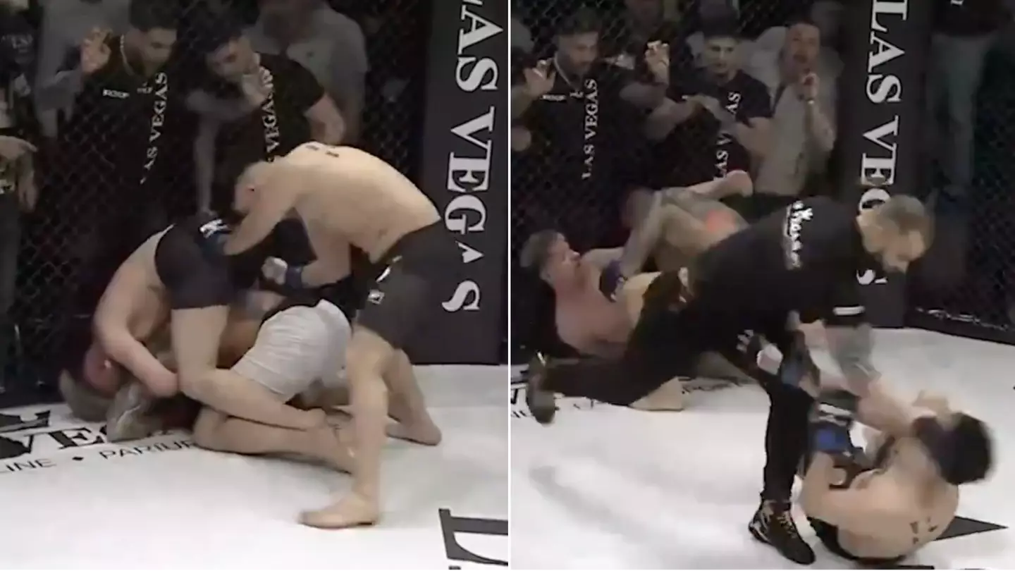 Bizarre two vs one MMA fight ends in chaos as referee joins in and KOs fighter