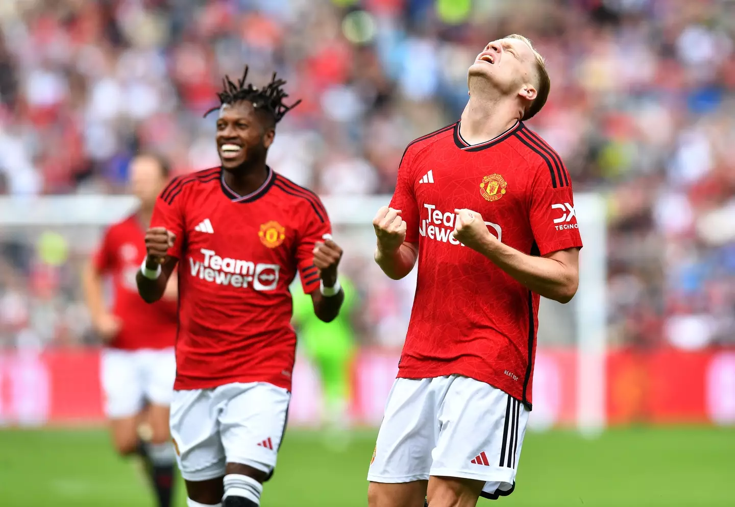 Donny van de Beek celebrates after scoring for Manchester United. Image: Getty