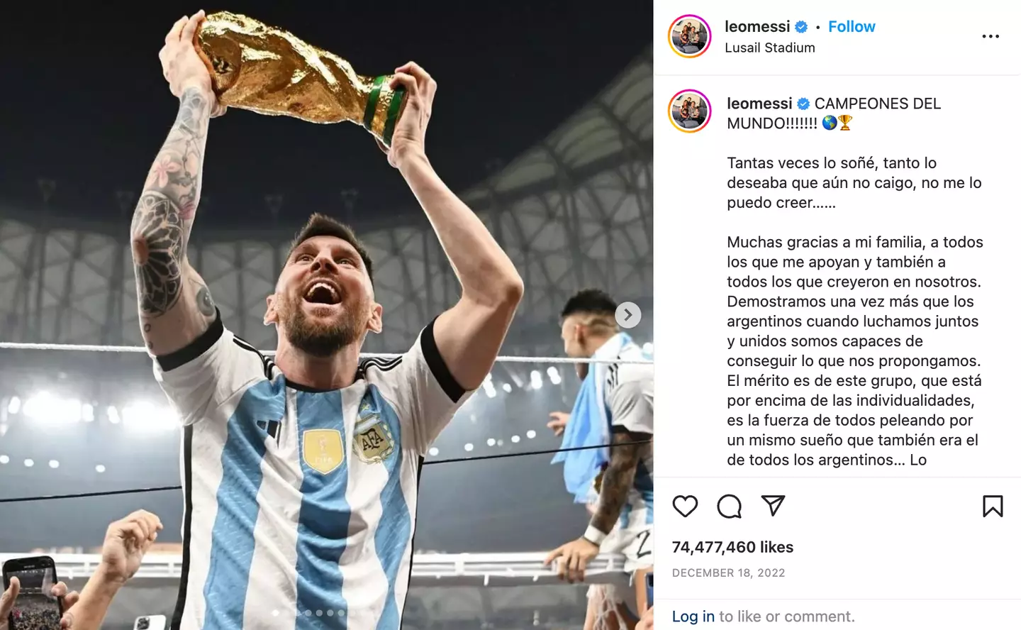 Messi's post on Instagram. (Image