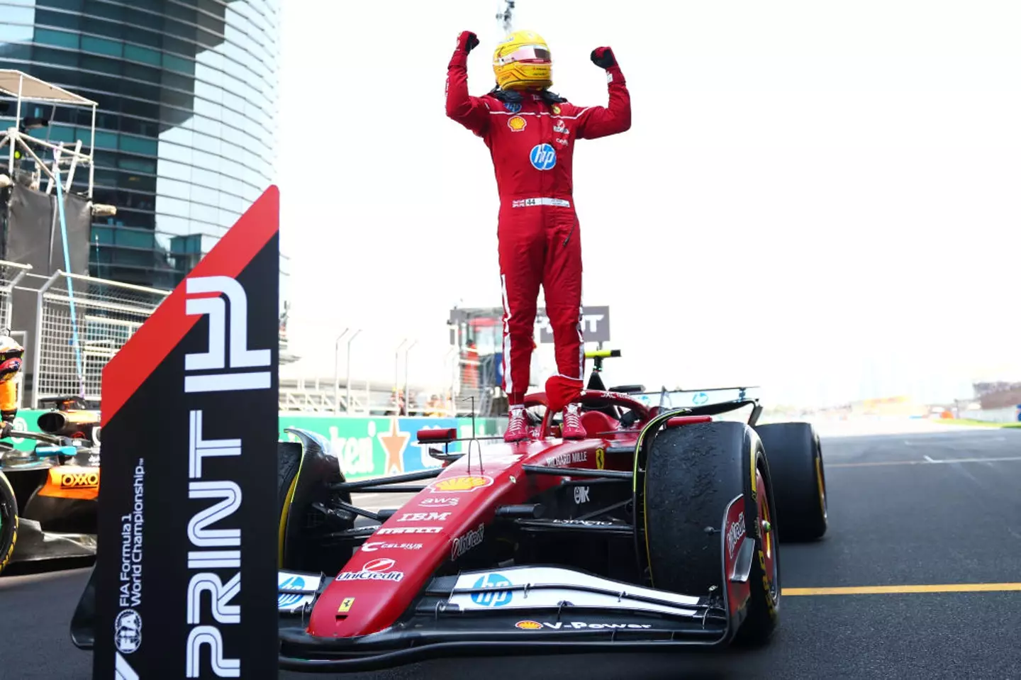 Lewis Hamilton claimed his first Formula One victory as a Ferrari driver at the Chinese Grand Prix sprint race. (Image: Getty)