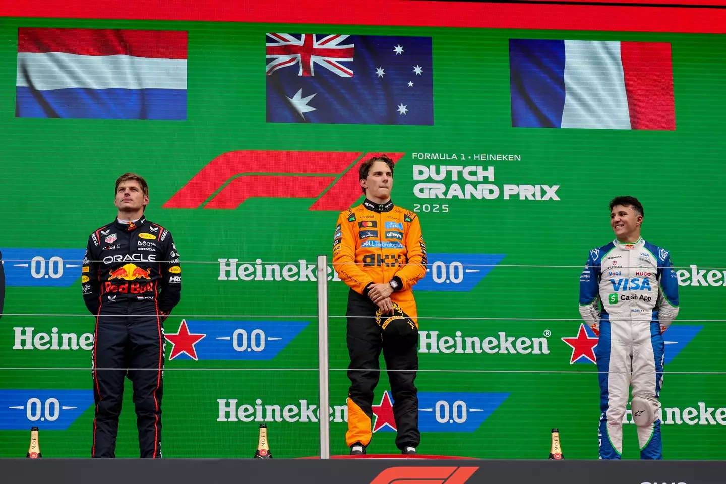 Max Verstappen and Isack Hadjar share the Dutch GP podium. Image: NurPhoto / Contributor via Getty