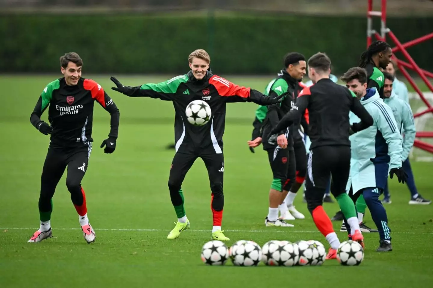 Arsenal players in training before their Champions League fixture against Monaco (Image: Getty)