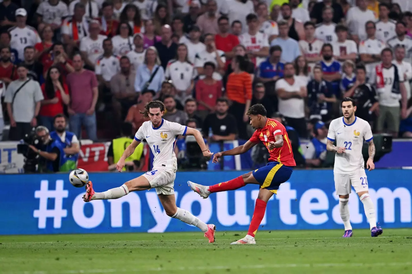 Lamine Yamal scores a stunning strike against France after being taunted by Adrien Rabiot. Image: Getty
