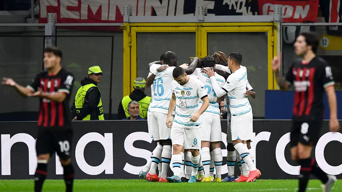 Chelsea celebrating their first goal against AC Milan at the San Siro. (Alamy)