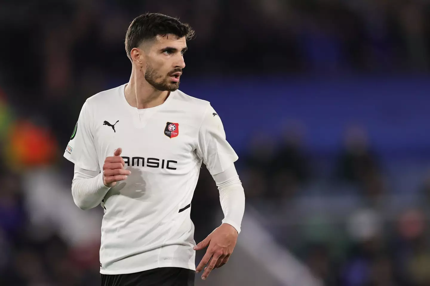 Martin Terrier of Rennes during the UEFA Europa Conference League Round of 16 first leg match between Leicester City and Rennes.