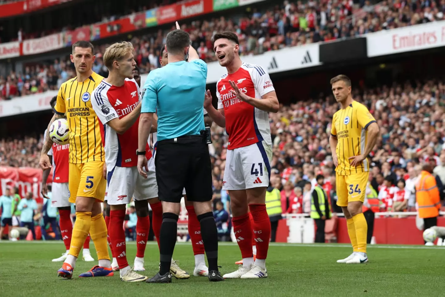 Arsenal's Declan Rice was sent off against Brighton (Image: Getty)