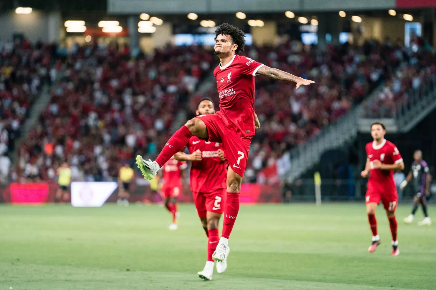 Luis Diaz celebrates scoring a goal for Liverpool. Image: Getty