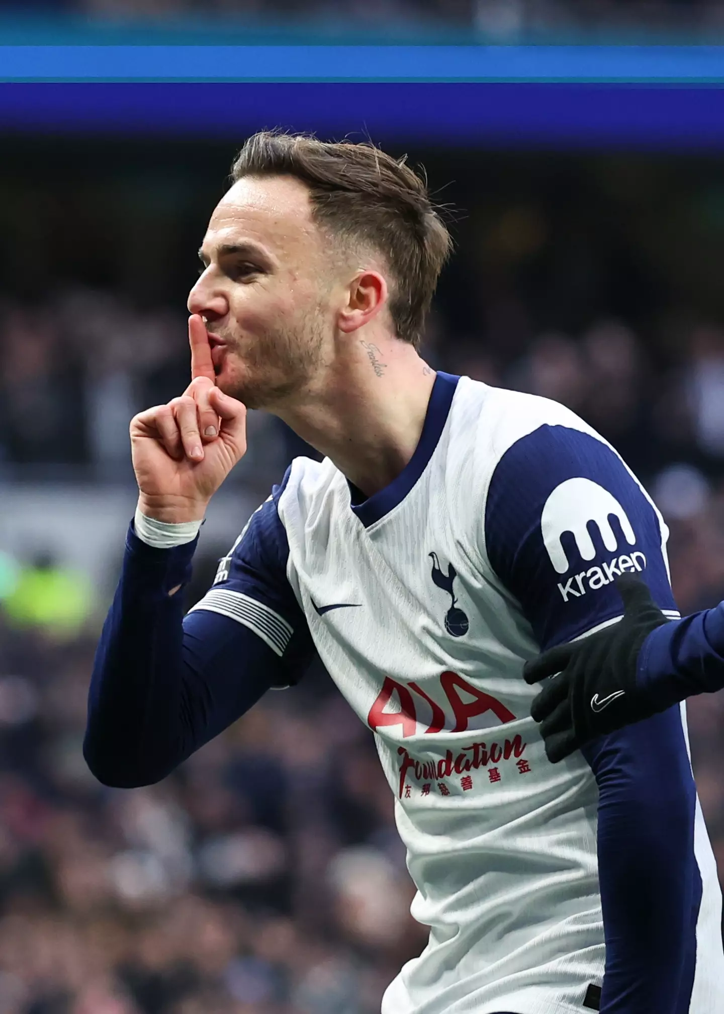 James Maddison performed a shush celebration after his goal for Manchester United. Image: Getty