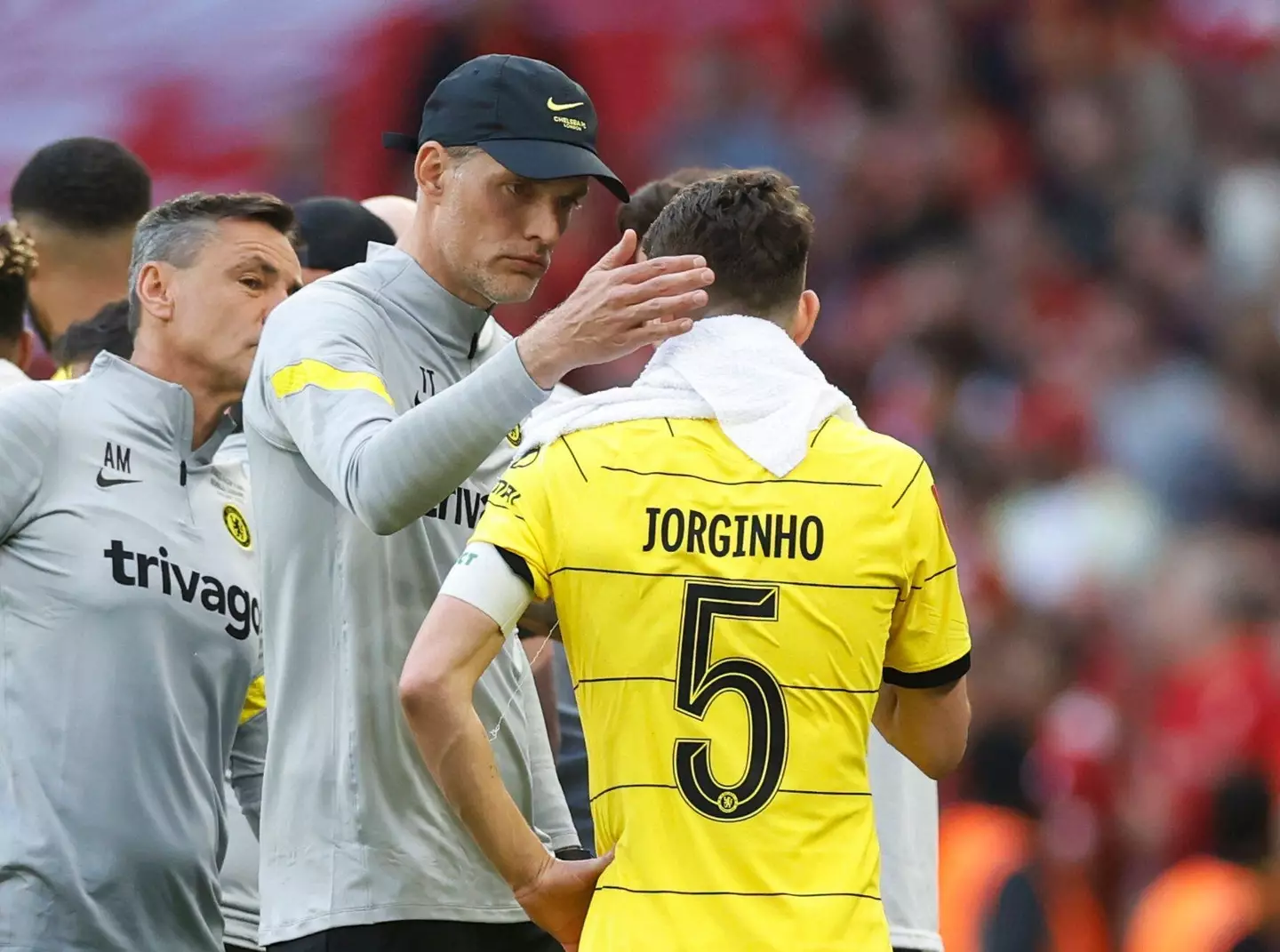 Chelsea manager Thomas Tuchel with Jorginho during a break in play. (Alamy)