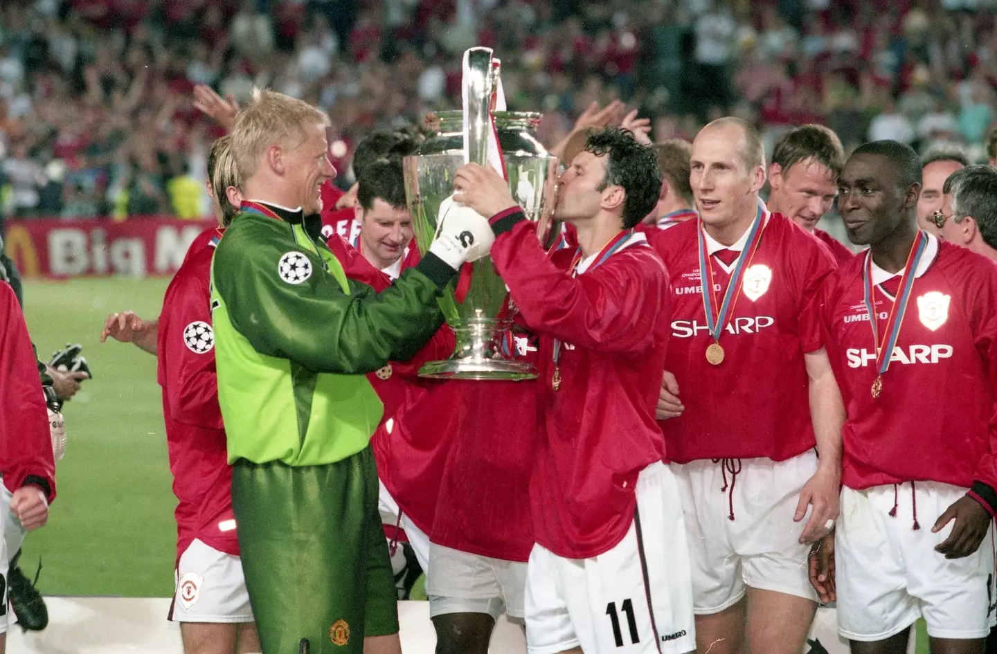 Peter Schmeichel lifting the Champions League for Manchester United.