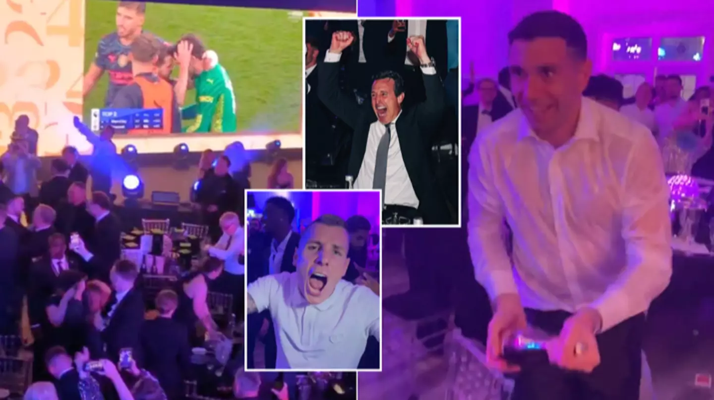 Emi Martinez pours champagne over Unai Emery's head as soon as Aston Villa secure Champions League football