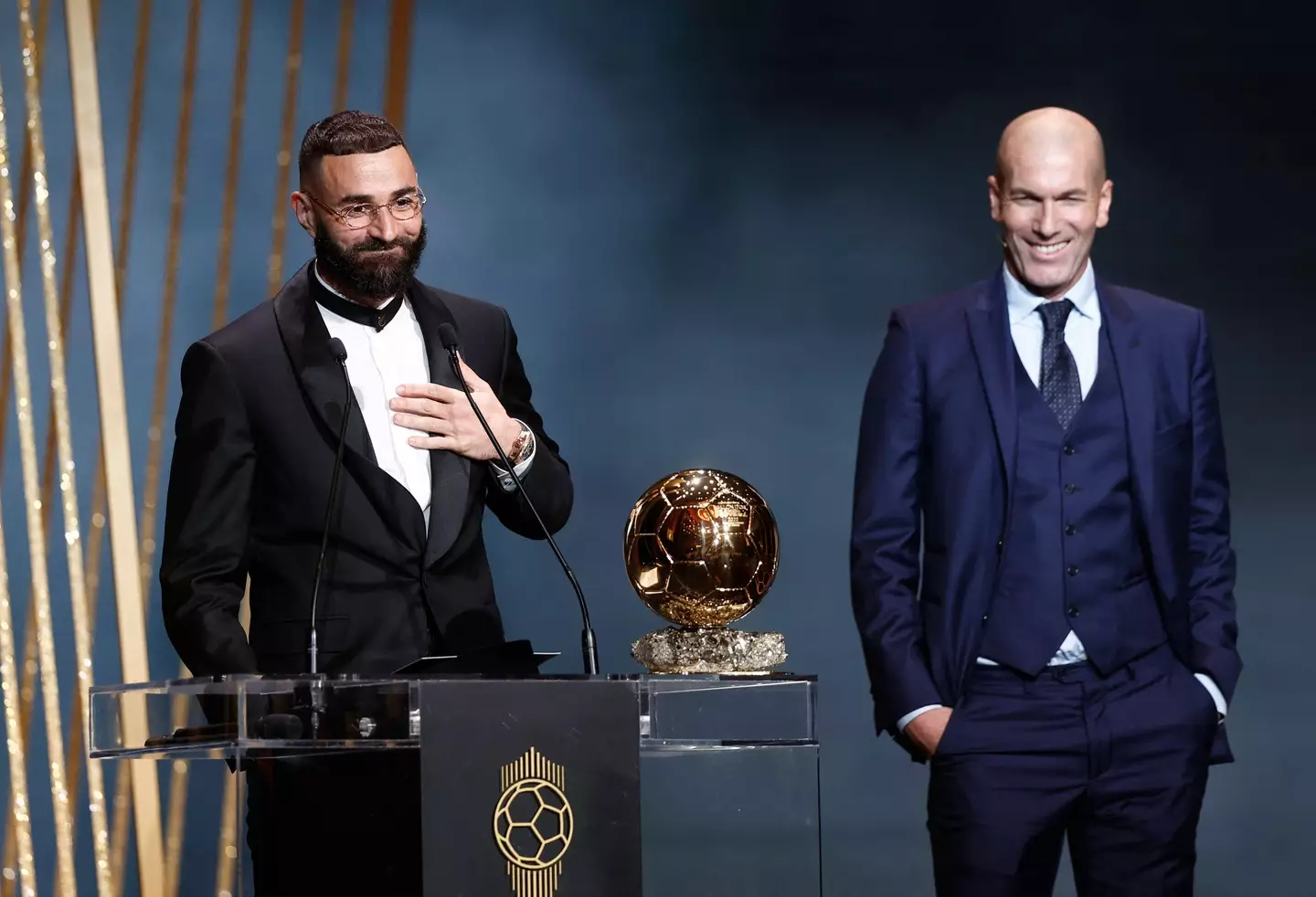 Karim Benzema and Zinedine Zidane on stage during the Ballon d'Or ceremony. Image: Alamy
