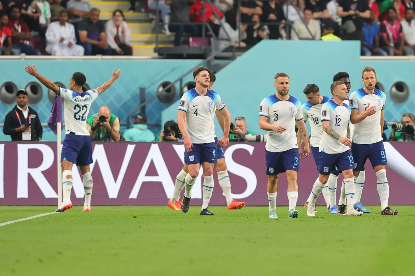 England midfielder Jude Bellingham celebrates his opener against Iran. (Image
