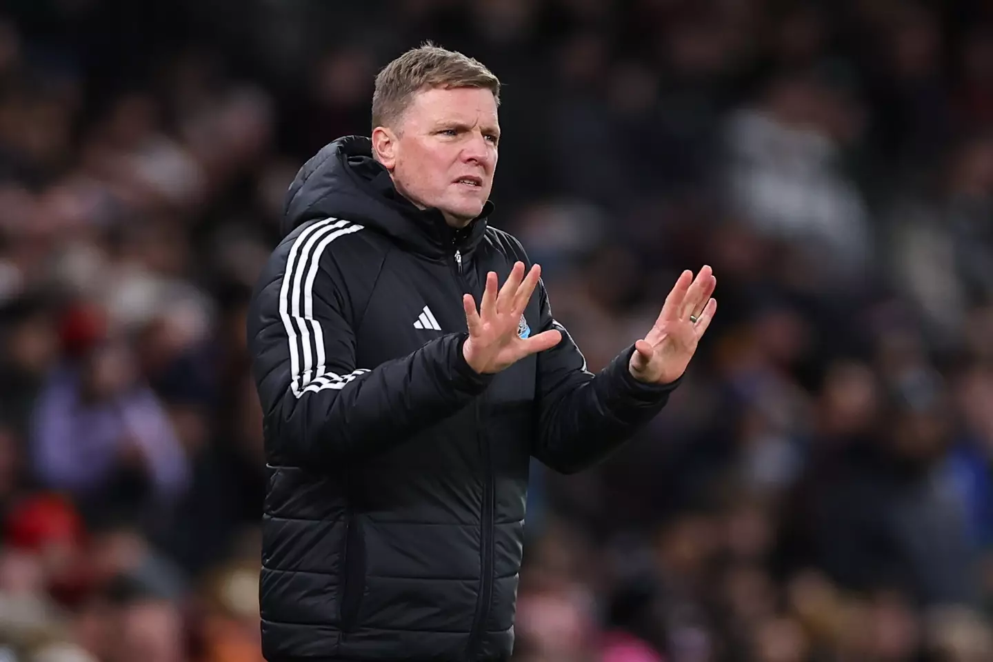Eddie Howe on the touchline during Manchester United vs. Newcastle United. Image: Getty