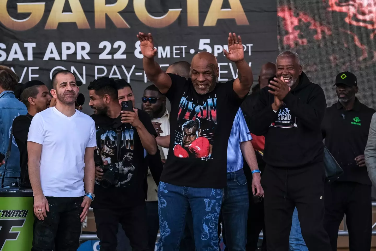 Mike Tyson greeted the crowd at the Tank Davis vs Ryan Garcia weigh in at the T-Mobile Arena. (PA Images)