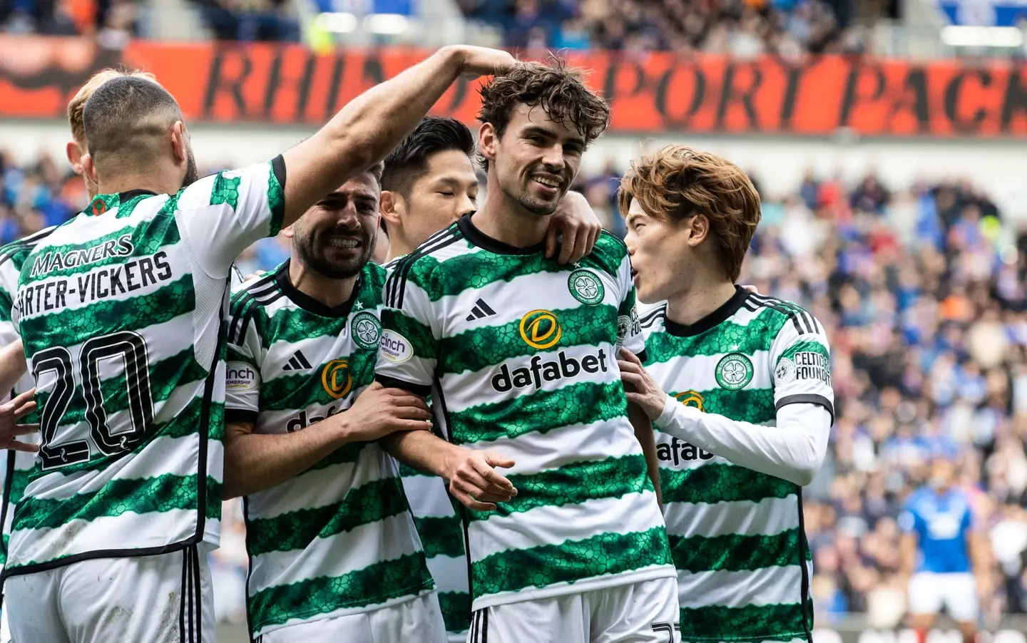 Matt O'Riley silences Ibrox with a goal for Celtic. Image: Getty