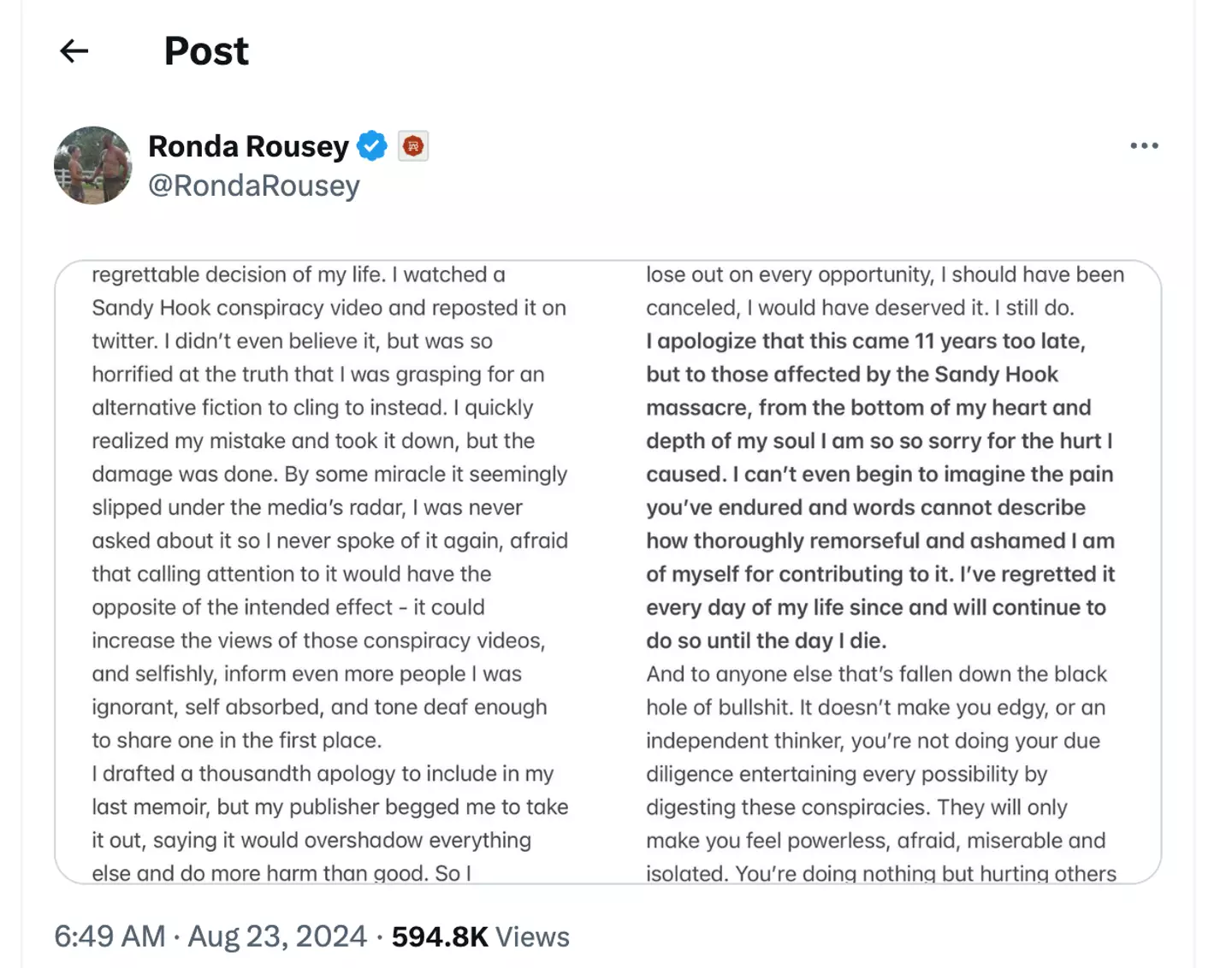 Ronda Rousey shared the apology to her 3.2million followers on X. (Image: @RondaRousey)