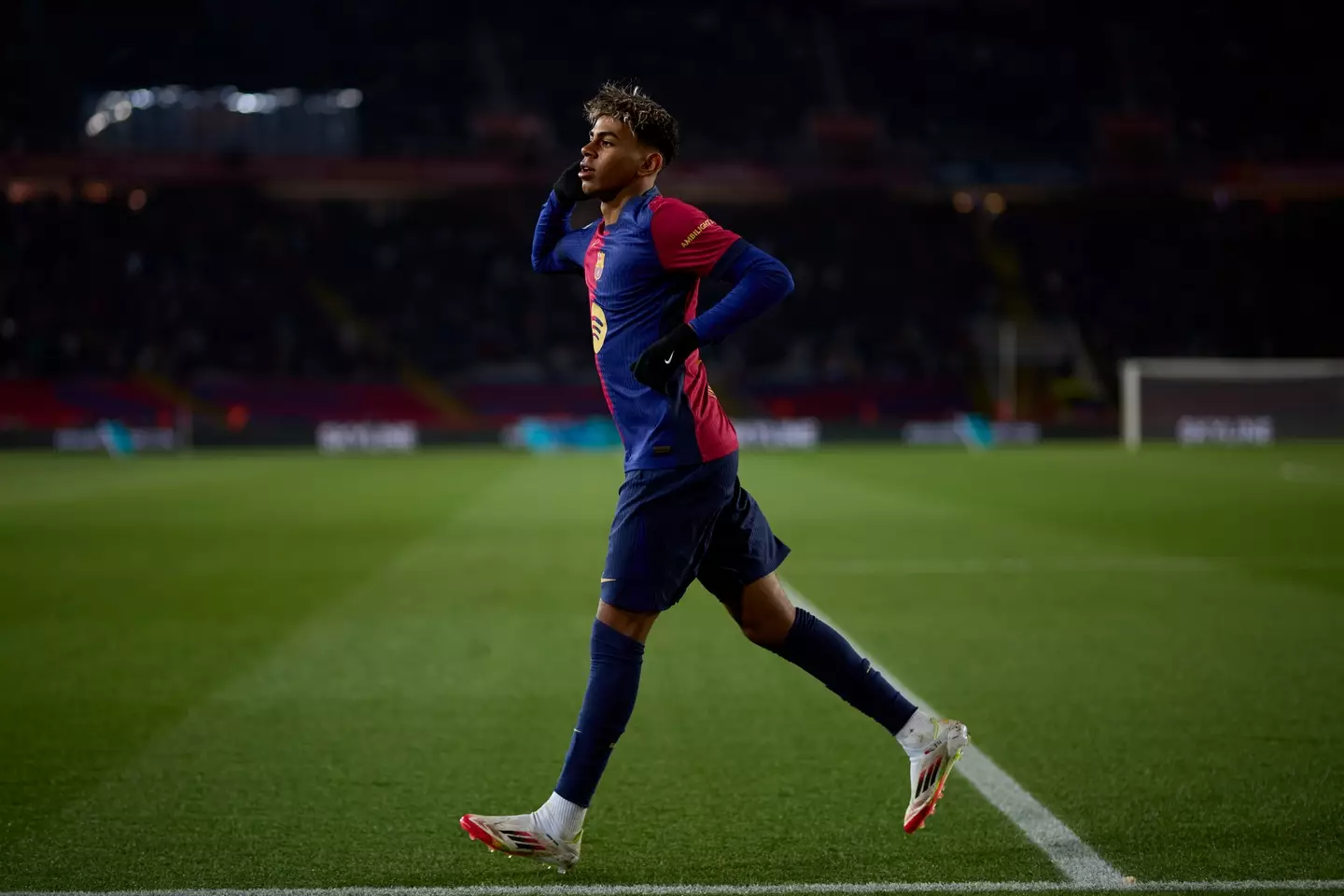 Lamine Yamal wheels away in celebration after scoring for Barcelona. Image: Getty