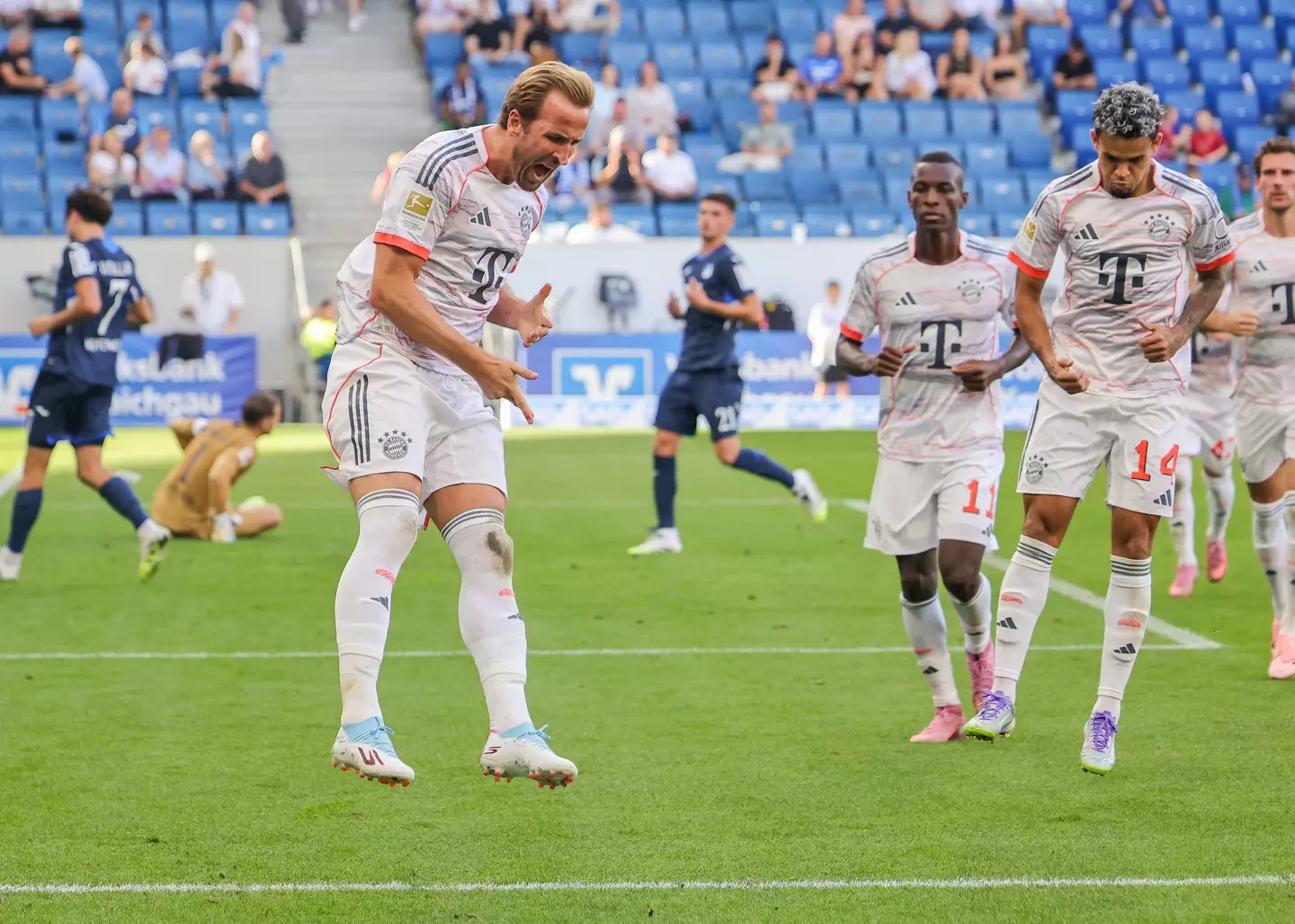Harry Kane celebrates scoring a goal for Bayern Munich. Image: Getty