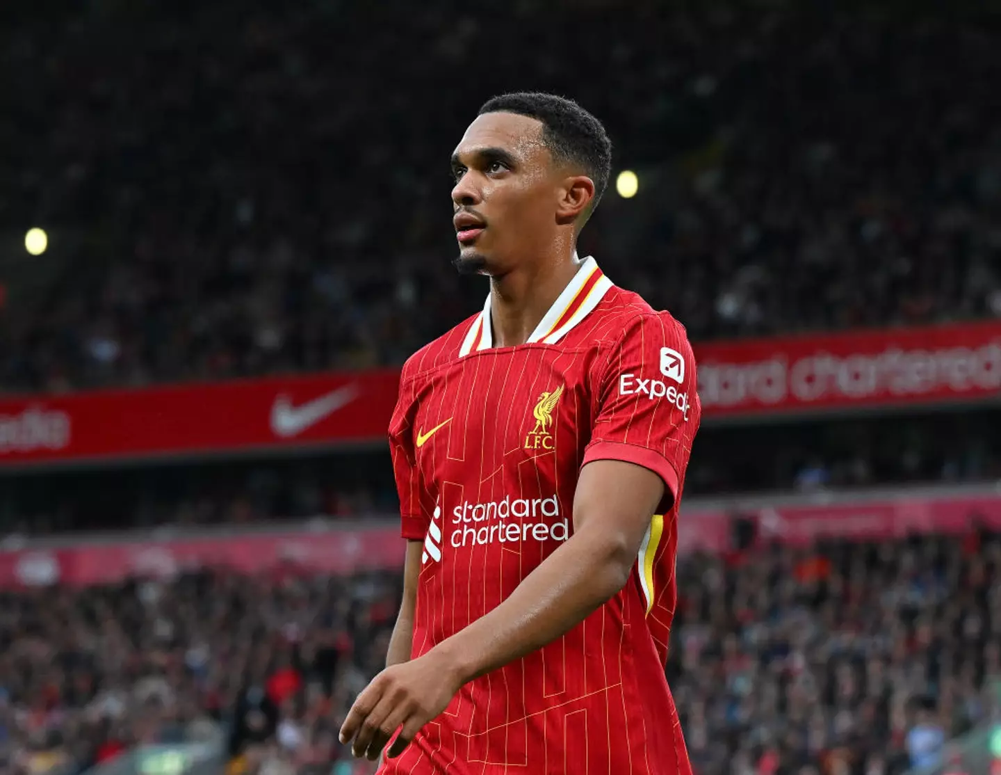 Trent Alexander-Arnold was visibly angered after Liverpool manager Arne Slot took him off during the match against Brentford. (Image: Getty)