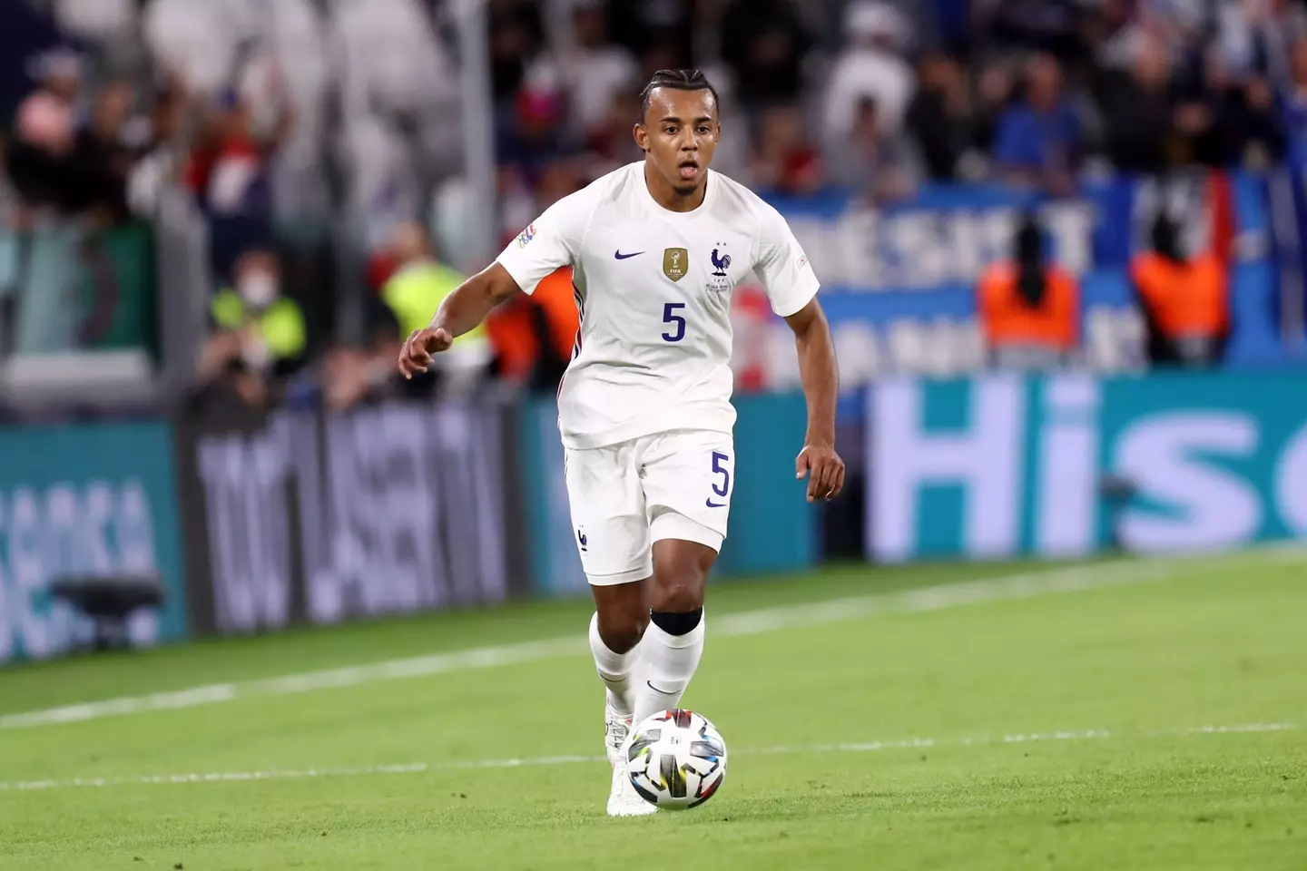 Jules Kounde of France controls the ball during the Uefa Nations League semi-final match between Belgium and France at Juventus Stadium on October 7, 2021 in Turin, Italy. (Alamy)