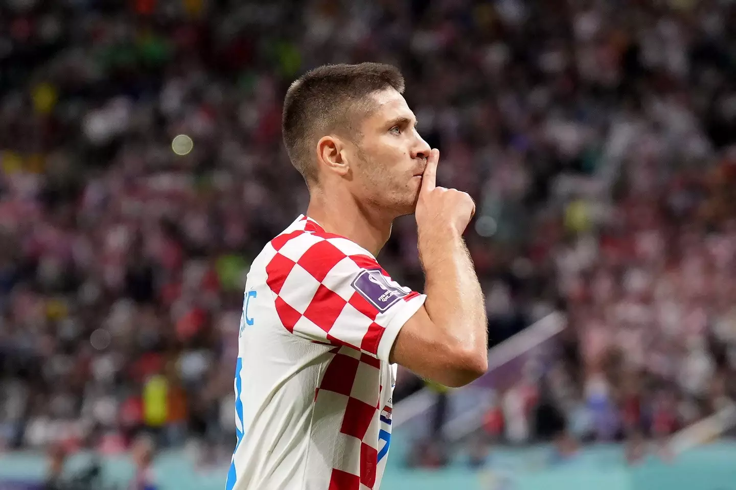 Andrej Kramaric gestures to Canadian fans to be quiet after scoring against Canada. Image credit: Alamy