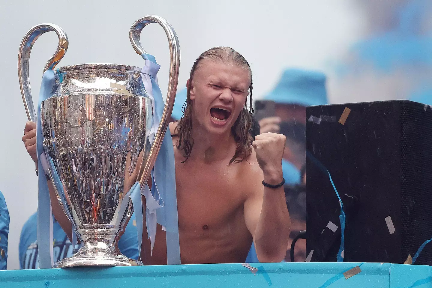 Erling Haaland during the Manchester City parade. Image: Alamy