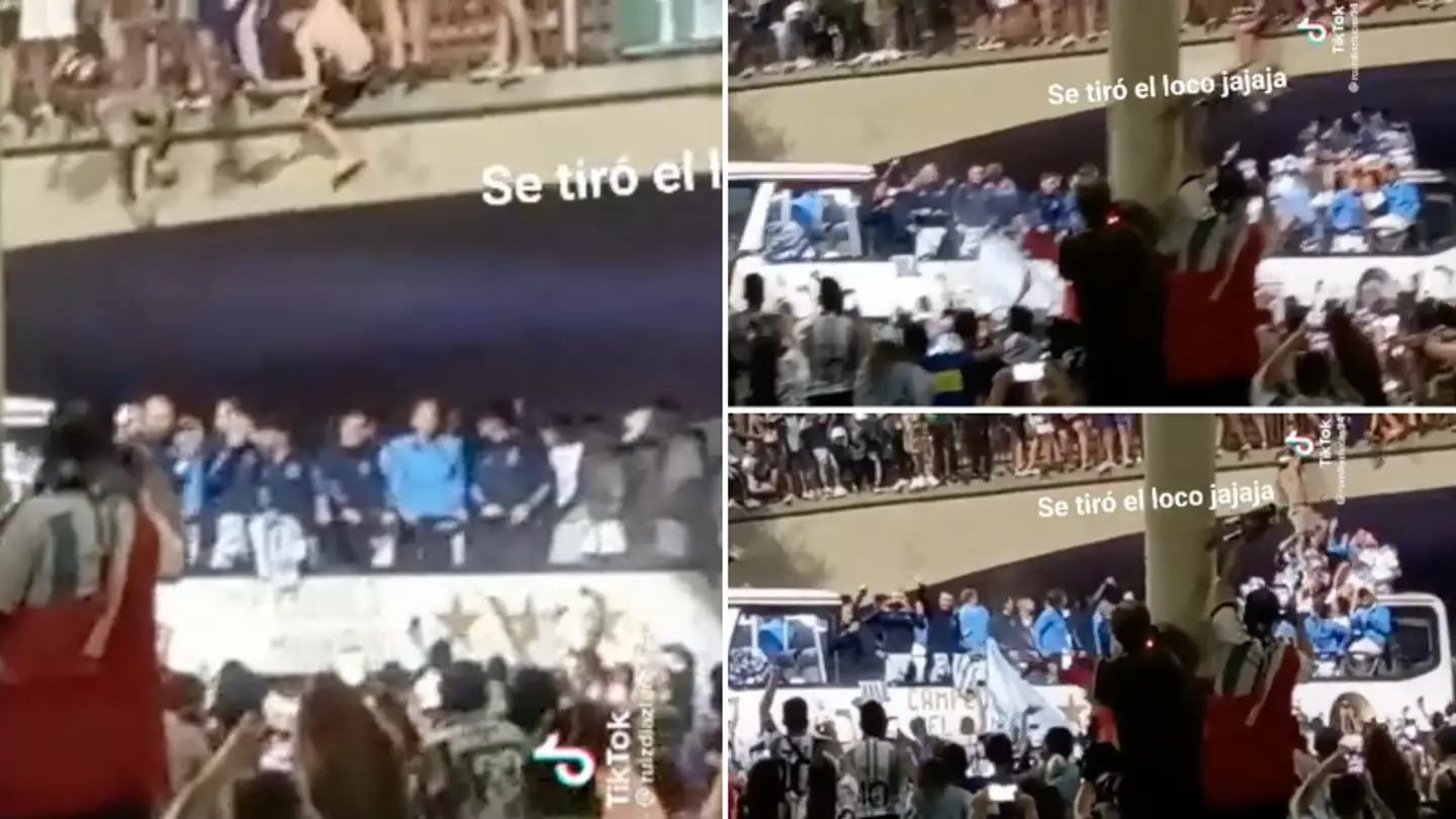 Fan jumps into Argentina team bus during World Cup victory parade