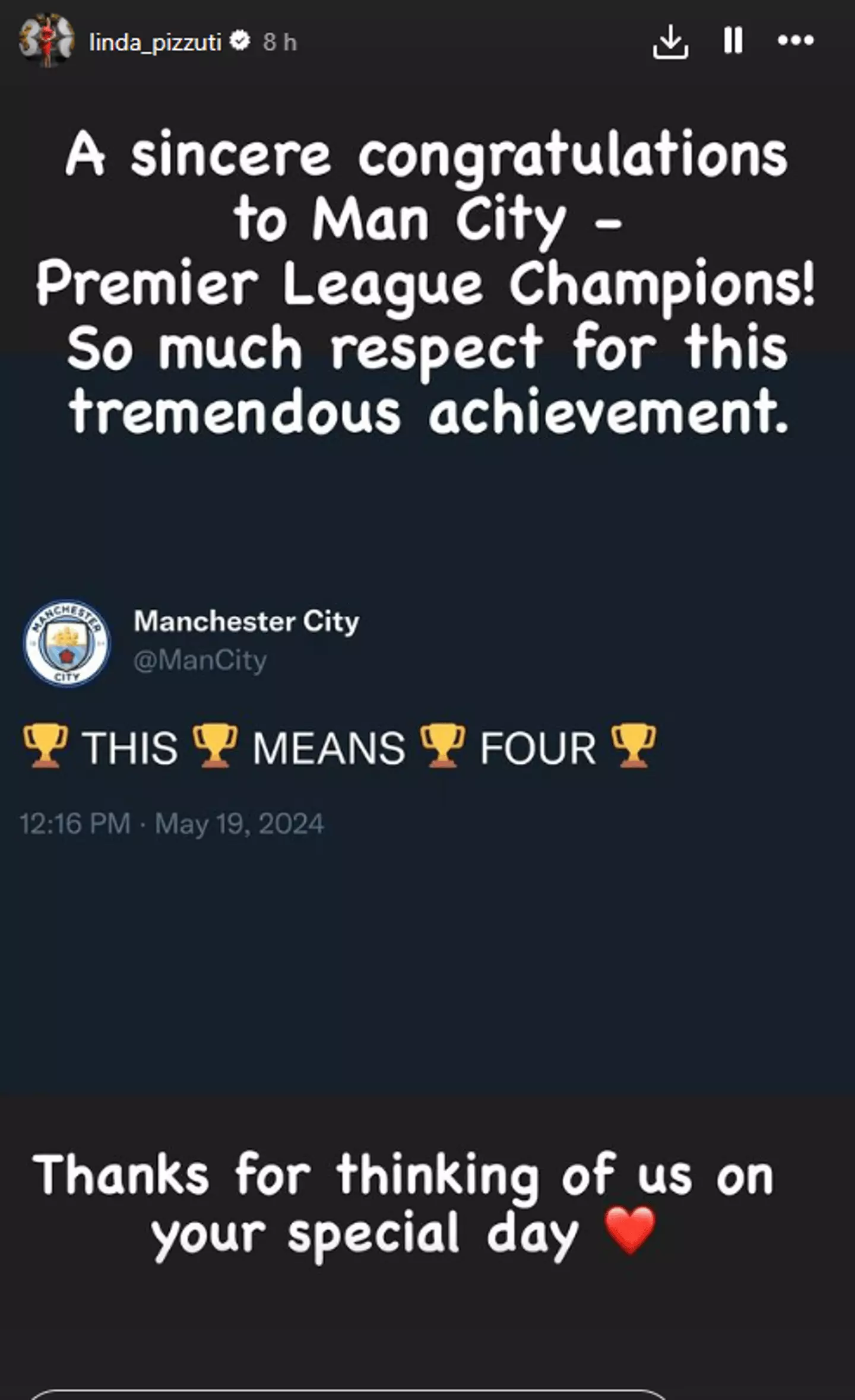 Linda Pizzuti's Instagram story (Instagram)