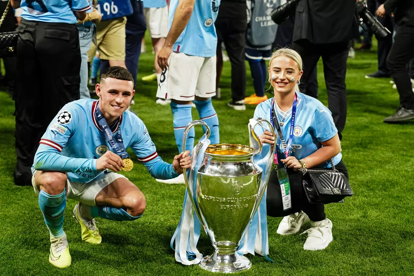 Phil Foden and Rebecca Cooke following Manchester City's Champions League triumph. Image: Getty