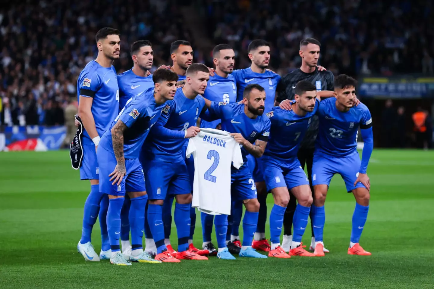 Greece players pay tribute to George Baldock before their 2-1 win over England - Getty