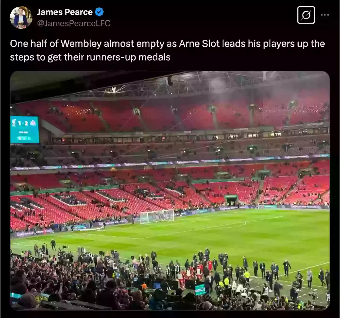 A good chunk of Liverpool fans left Wembley at full-time. Image: X/@JamesPearceLFC