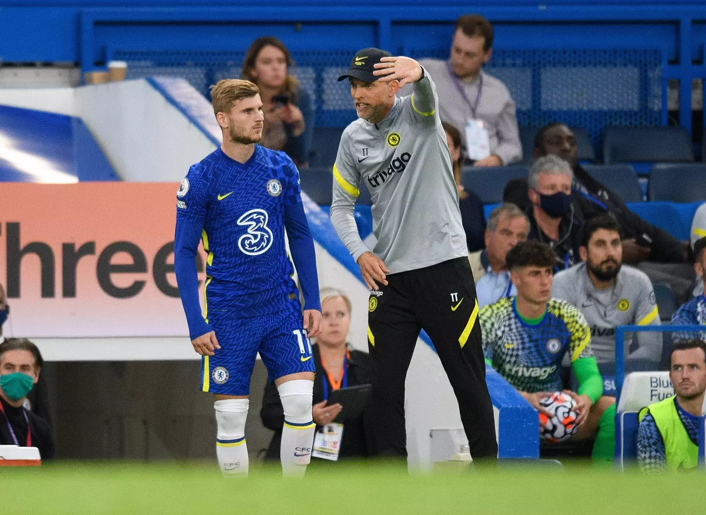 Timo Werner and Thomas Tuchel on the sidelines for Chelsea. (Alamy)