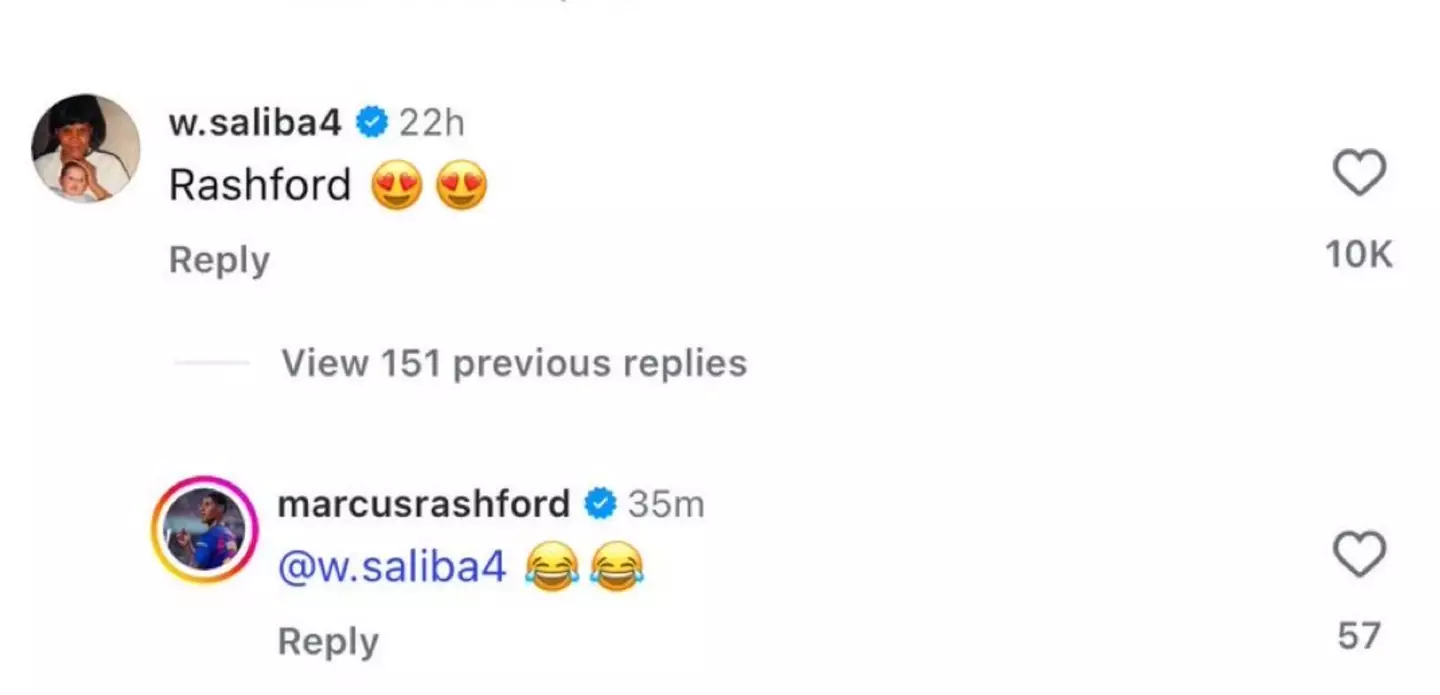 Marcus Rashford responds to Saliba's comment. Image credit: Instagram