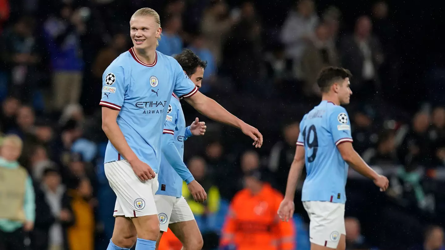 Erling Haaland of Manchester City celebrates scoring (Image: Sportimage/Alamy)