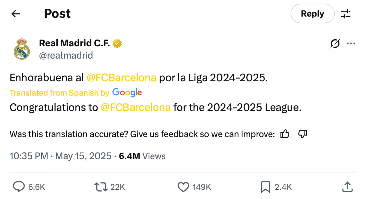 Real Madrid were quick to congratulate Barcelona. Image: X/@realmadrid