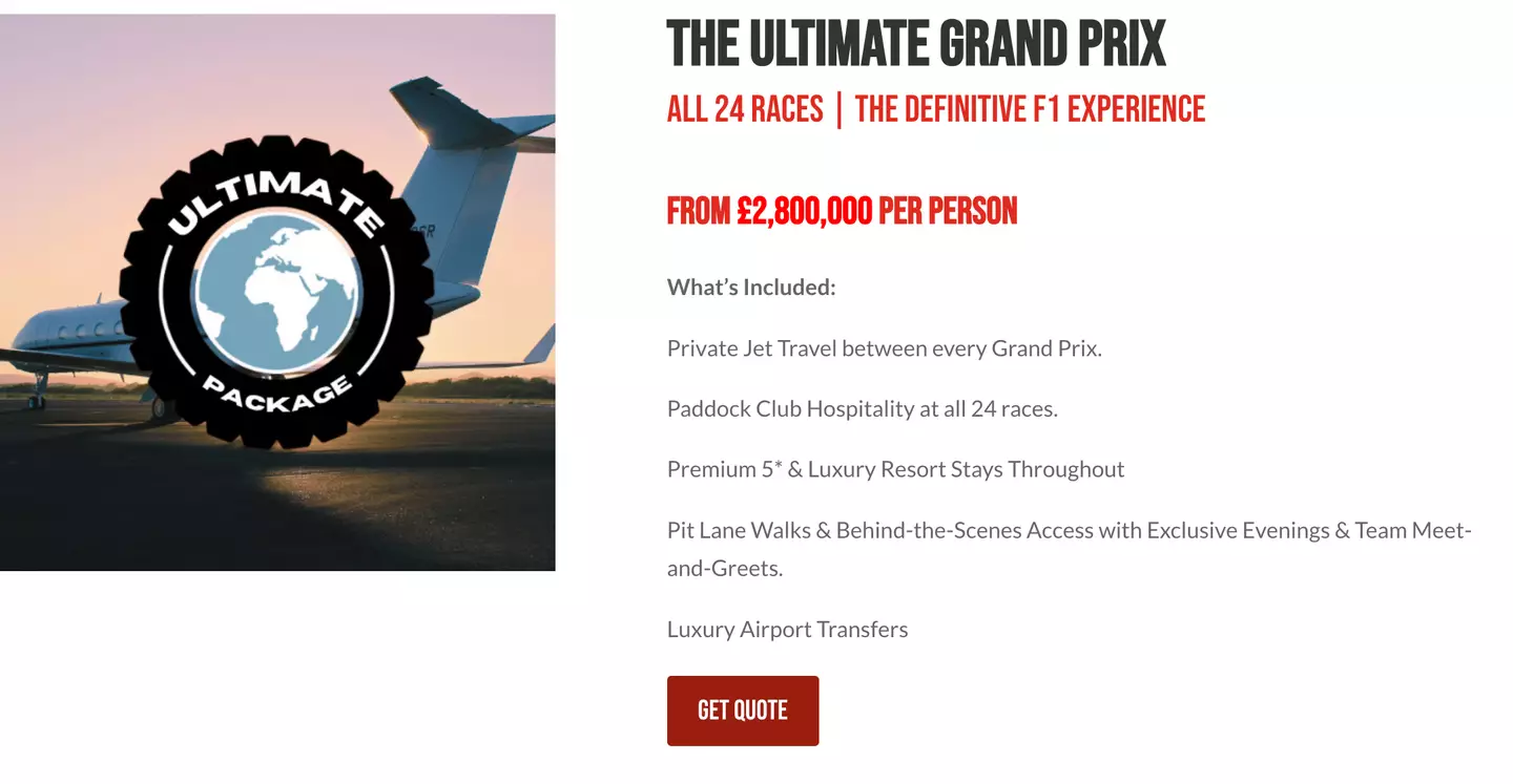 The full list of perks available with the 'Ultimate Grand Prix' ticket (Image: Formula Escapes)