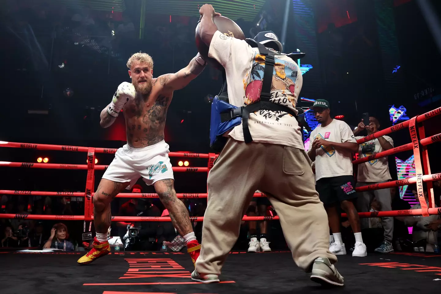 Jake Paul in action at the open workouts ahead of his fight against Anthony Joshua. Image: Getty