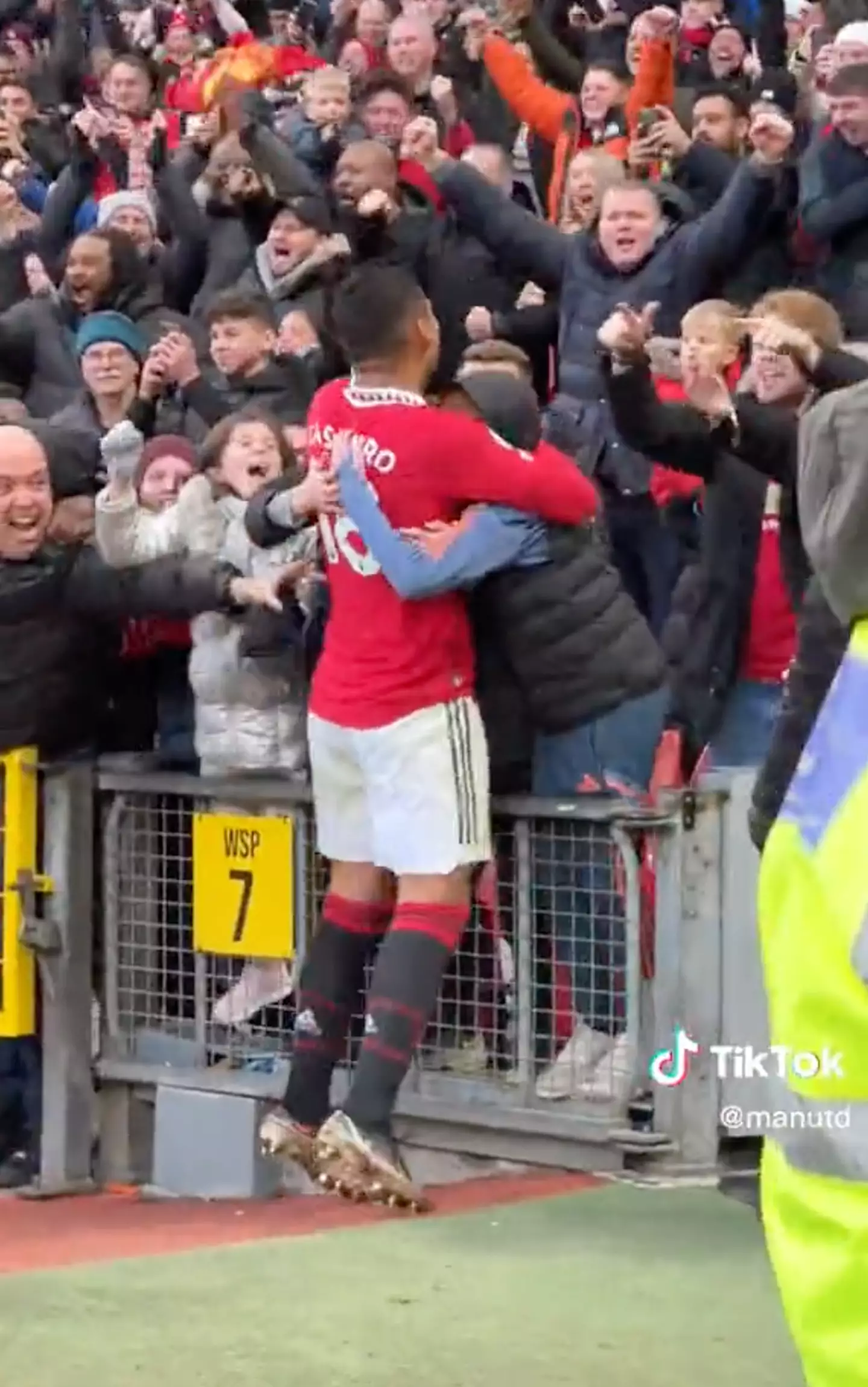 Casemiro hugs a group of fans after Marcus Rashford's winner against Man City. Image credit: TikTok/@manutd