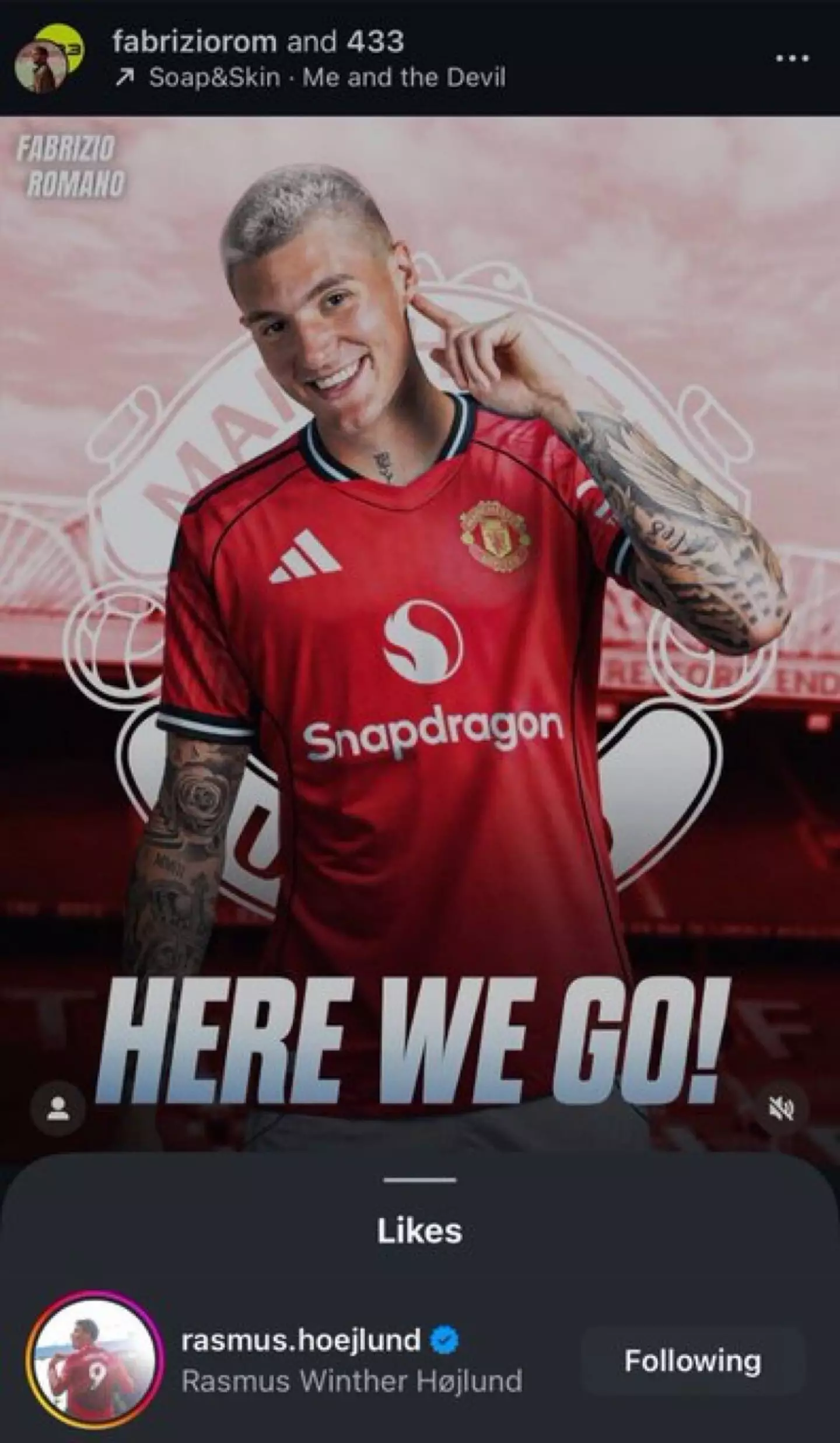 Rasmus Hojlund was spotted liking Fabrizio Romano's post on Instagram. (Image: Instagram)