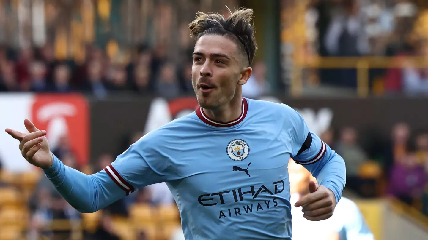 Jack Grealish celebrates his Manchester City goal against Wolves.