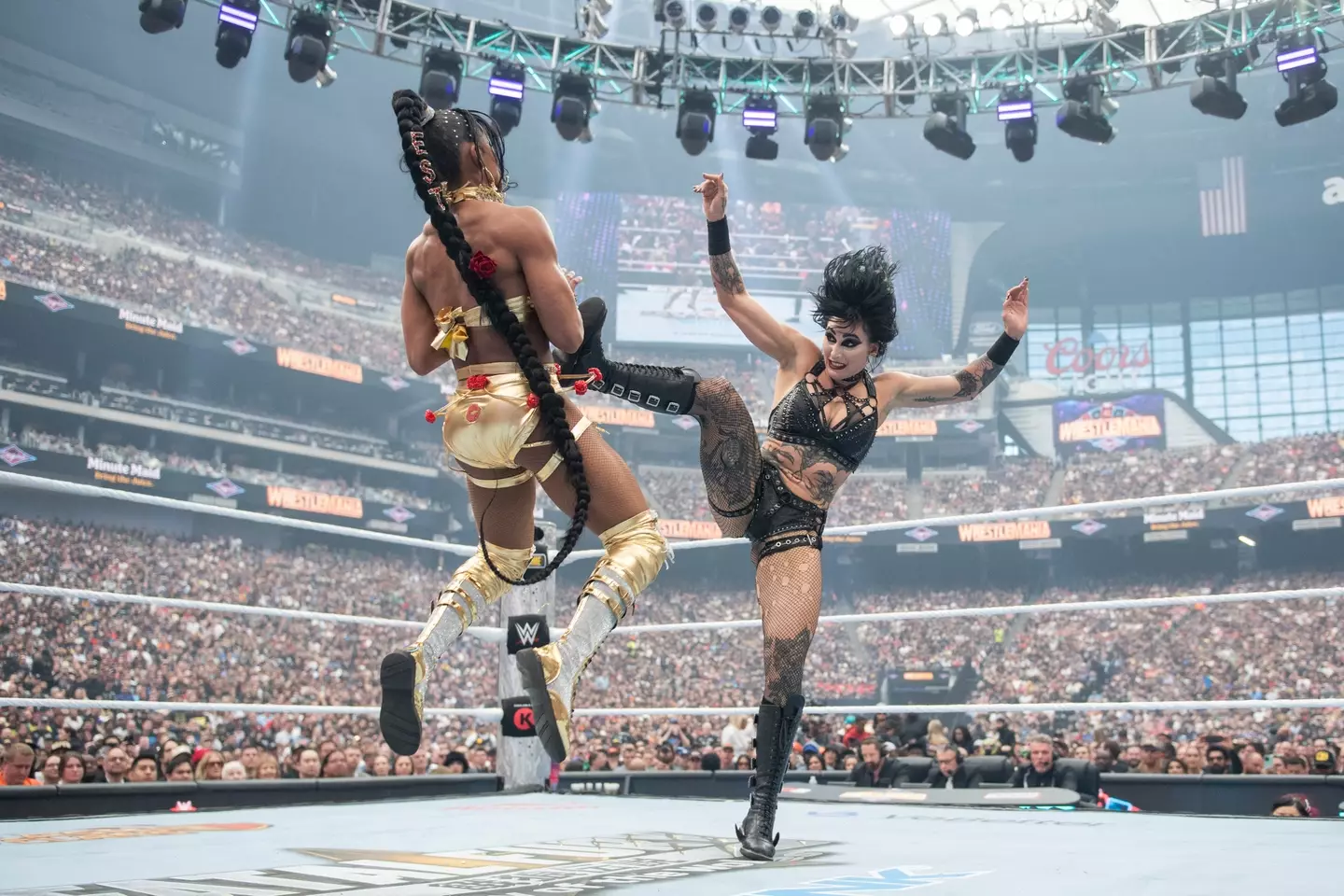 Rhea Ripley in action against Bianca Belair during WrestleMania 41. Image: Getty