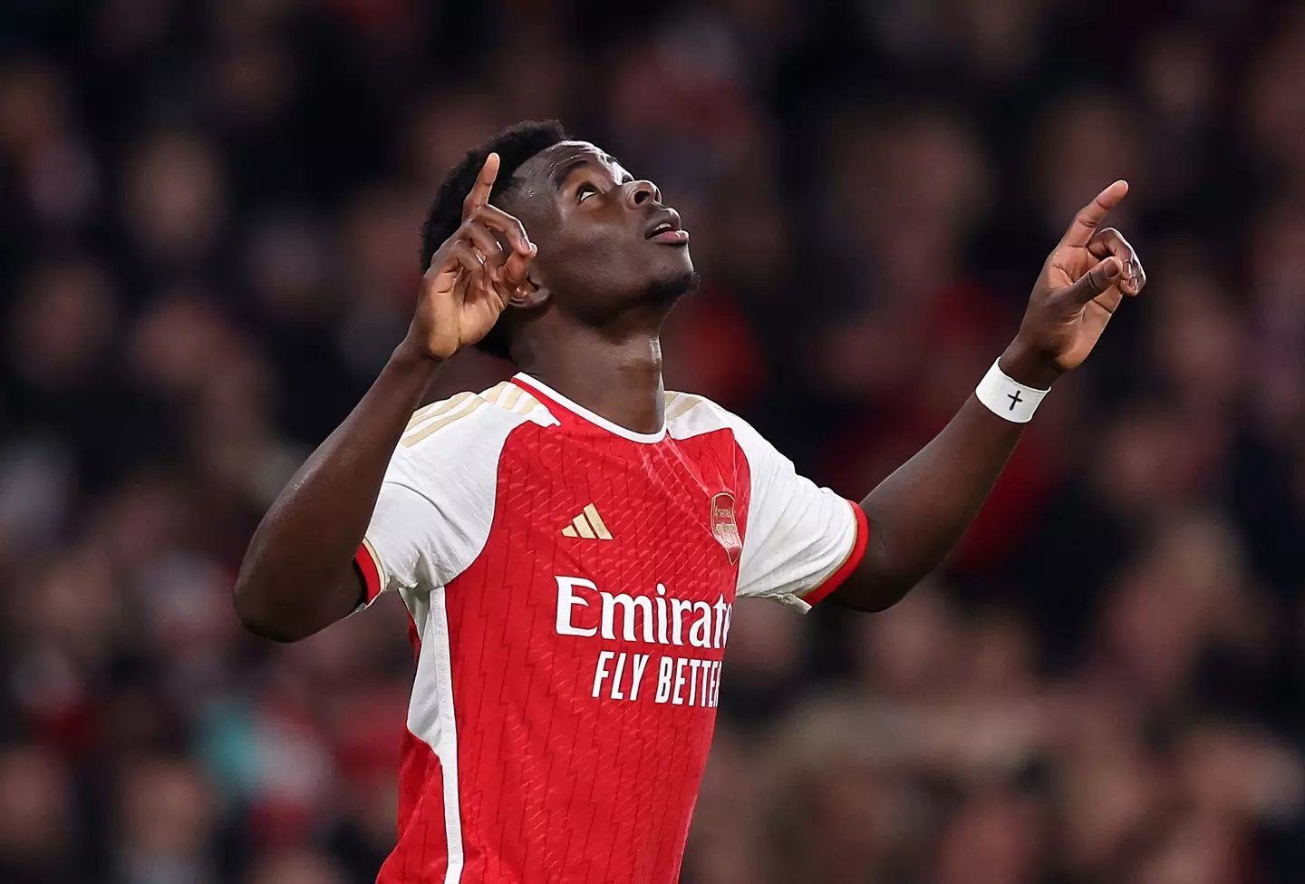 Bukayo Saka celebrates scoring a goal for Arsenal. Image: Getty