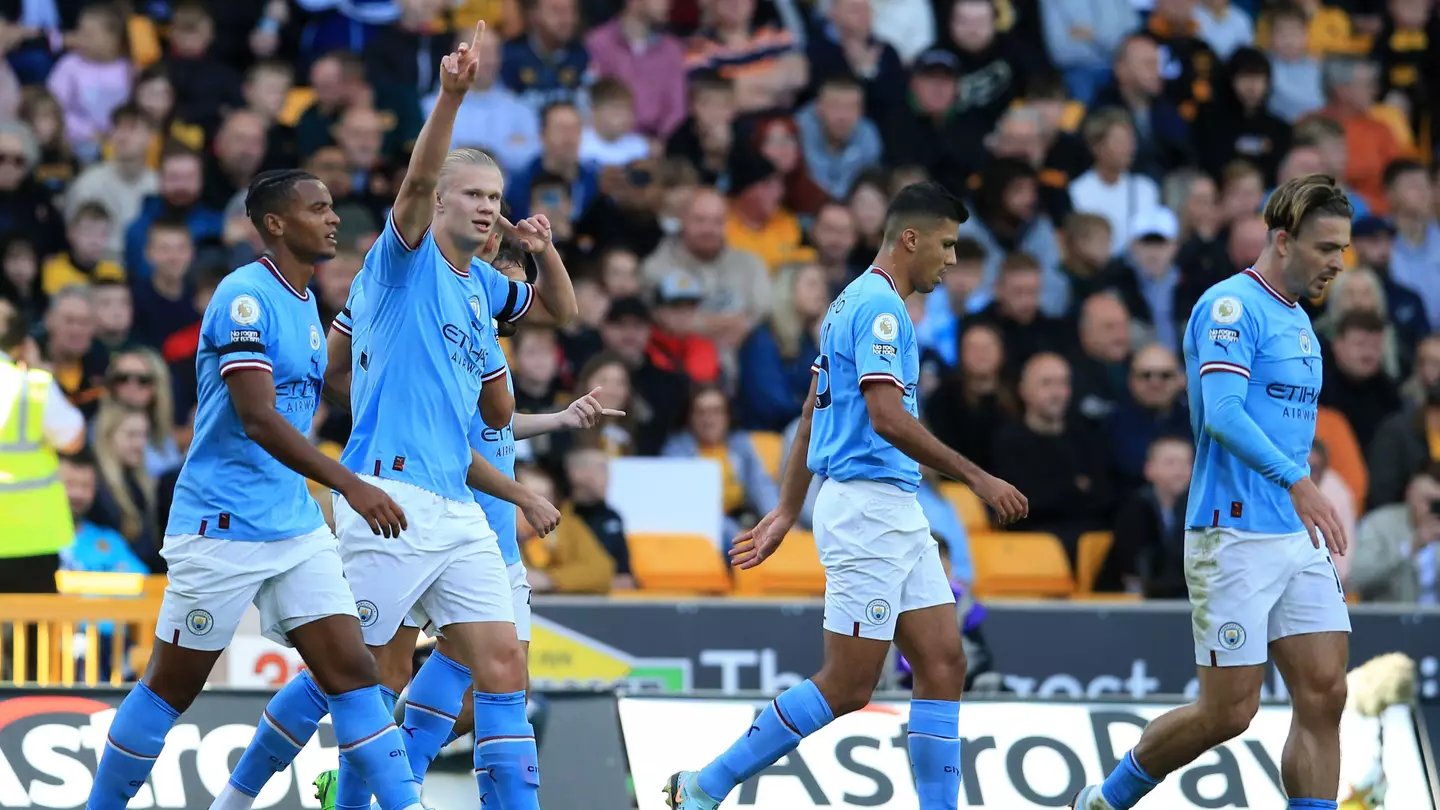 Erling Haaland celebrates after scoring vs Wolves