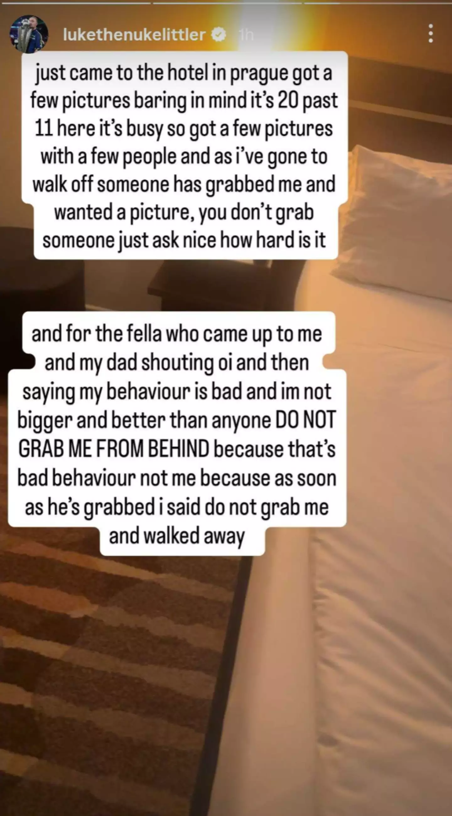 Luke Littler hit out at a fan who 'grabbed' him. Image: Instagram/Luke Littler