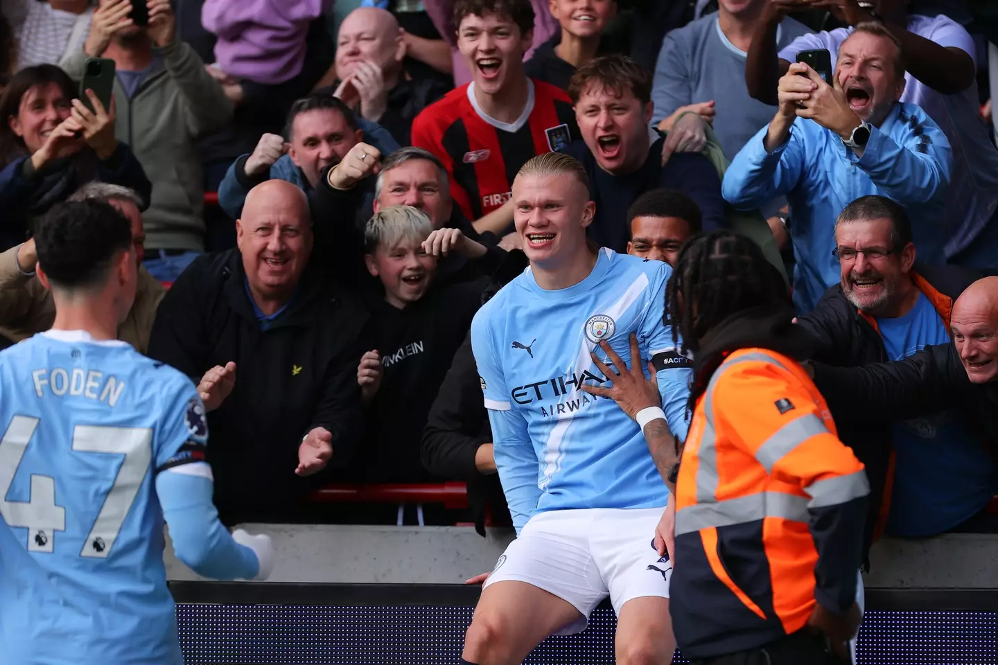 Erling Haaland celebrated for Man City. Image: James Gill - Danehouse / Contributor via Getty