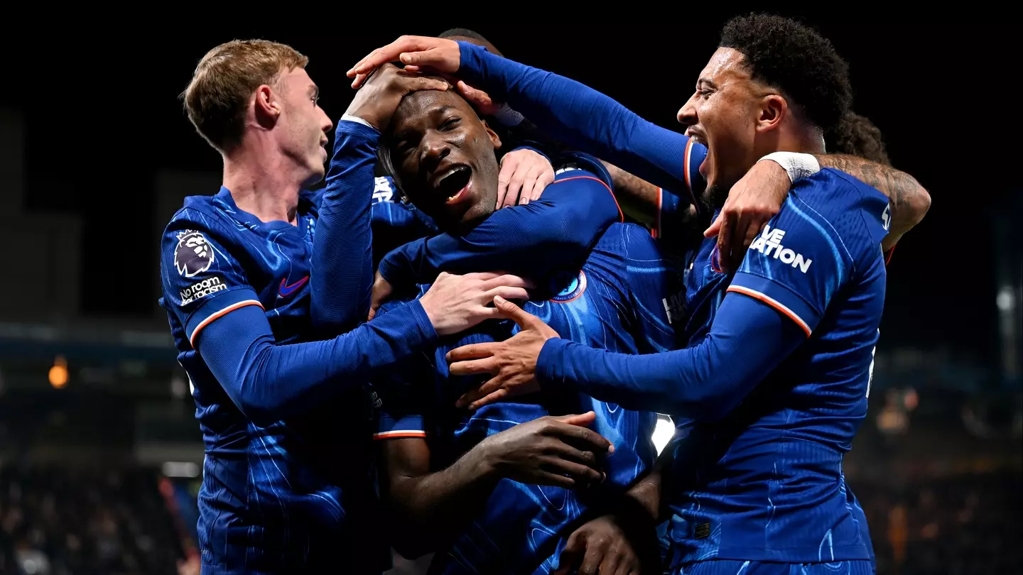 Moises Caicedo celebrates with Cole Palmer and Jadon Sancho but the goal was later disallowed following a VAR check (Darren Walsh/Chelsea FC via Getty Images)