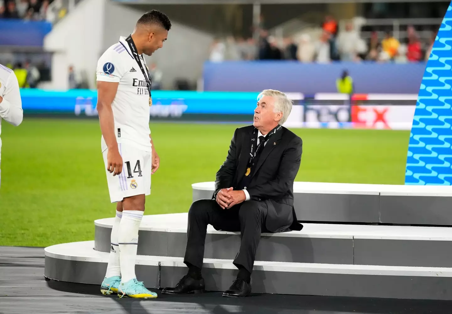 Casemiro and Ancelotti in conversation following Real's UEFA Super Cup win over Eintracht Frankfurt. (Image