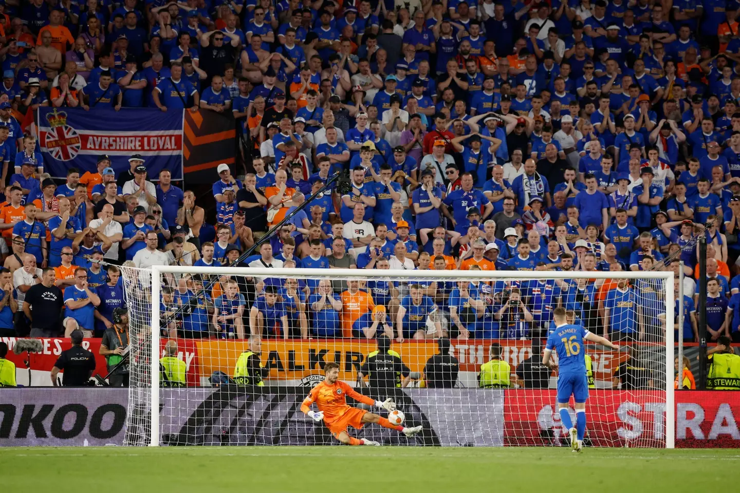 Kevin Trapp saves Aaron Ramsey's penalty in the Europa League final last season. (Alamy)